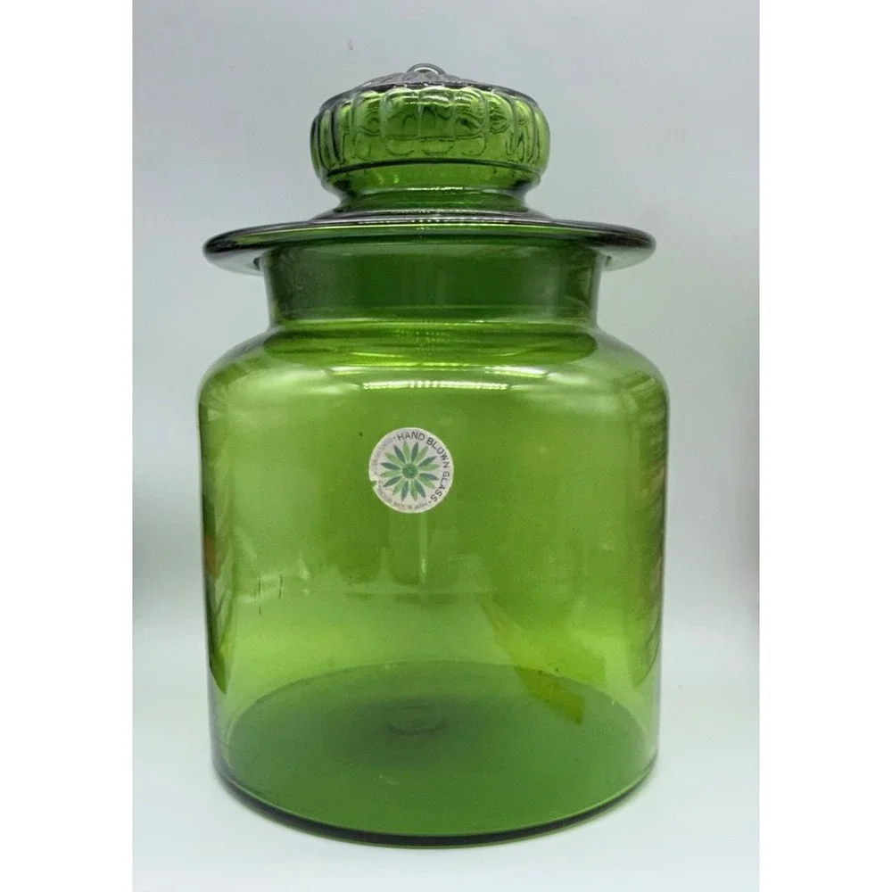 Counterpoint Hand Blown Glass Apothecary Jar Green Vintage Japan Sunburst Lid